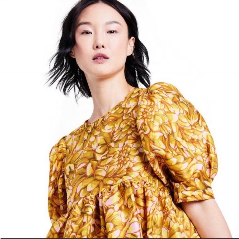 NWT Kika Vargas for Target Floral Puff Sleeve Mini Dress Gold - Picture 4 of 6